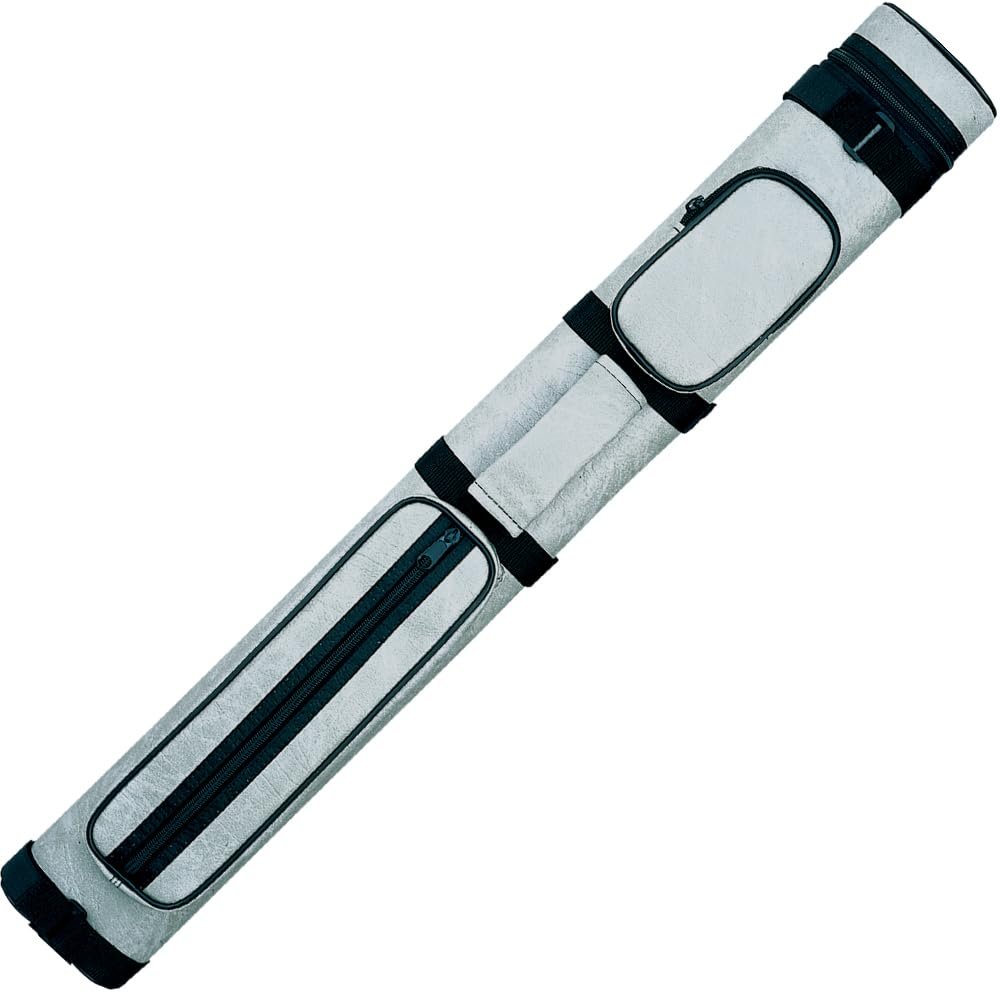 Action 34" Long Pool Cue Hard Carrying Case - Holds 2 Butts & 2 Shafts, Separate Molded Tubes, Large Zippered Accessory Pockets, Adjustable 1" Vinyl Carrying Strap, Fits up to 32" Shaft or Butt, Grey
