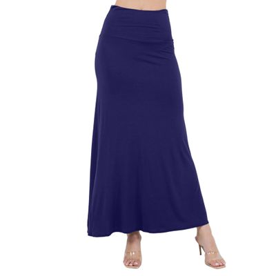 Azules Womens Maxi Skirt  Soft Stretchy Rayon Fold Over High Waist Long Flowy Boho Skirt for Casual or Dressy Wear Navy