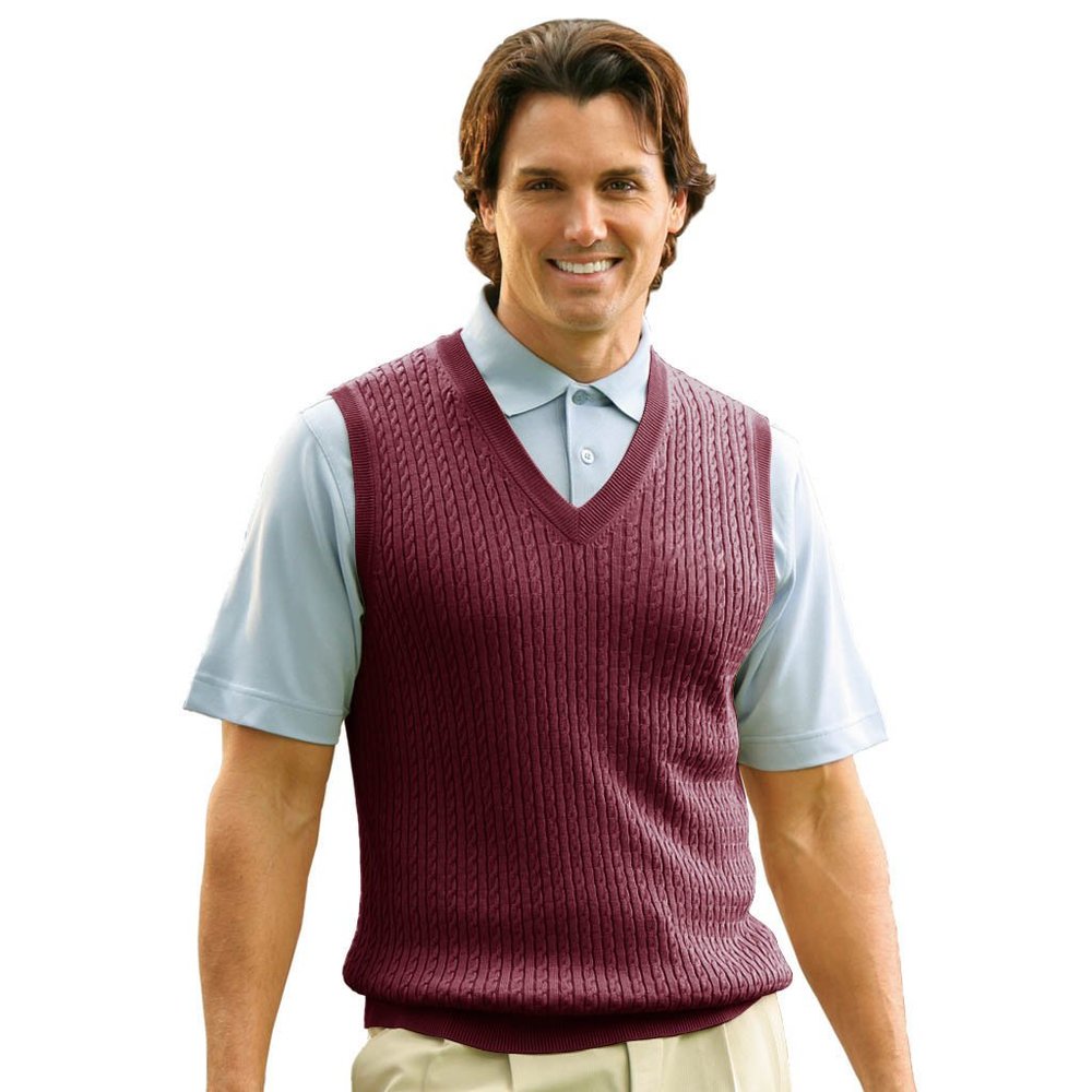 Monterey Club Men's Fine Gauge Cable Knit V-Neck Vest #1954 (Merlot, Small)