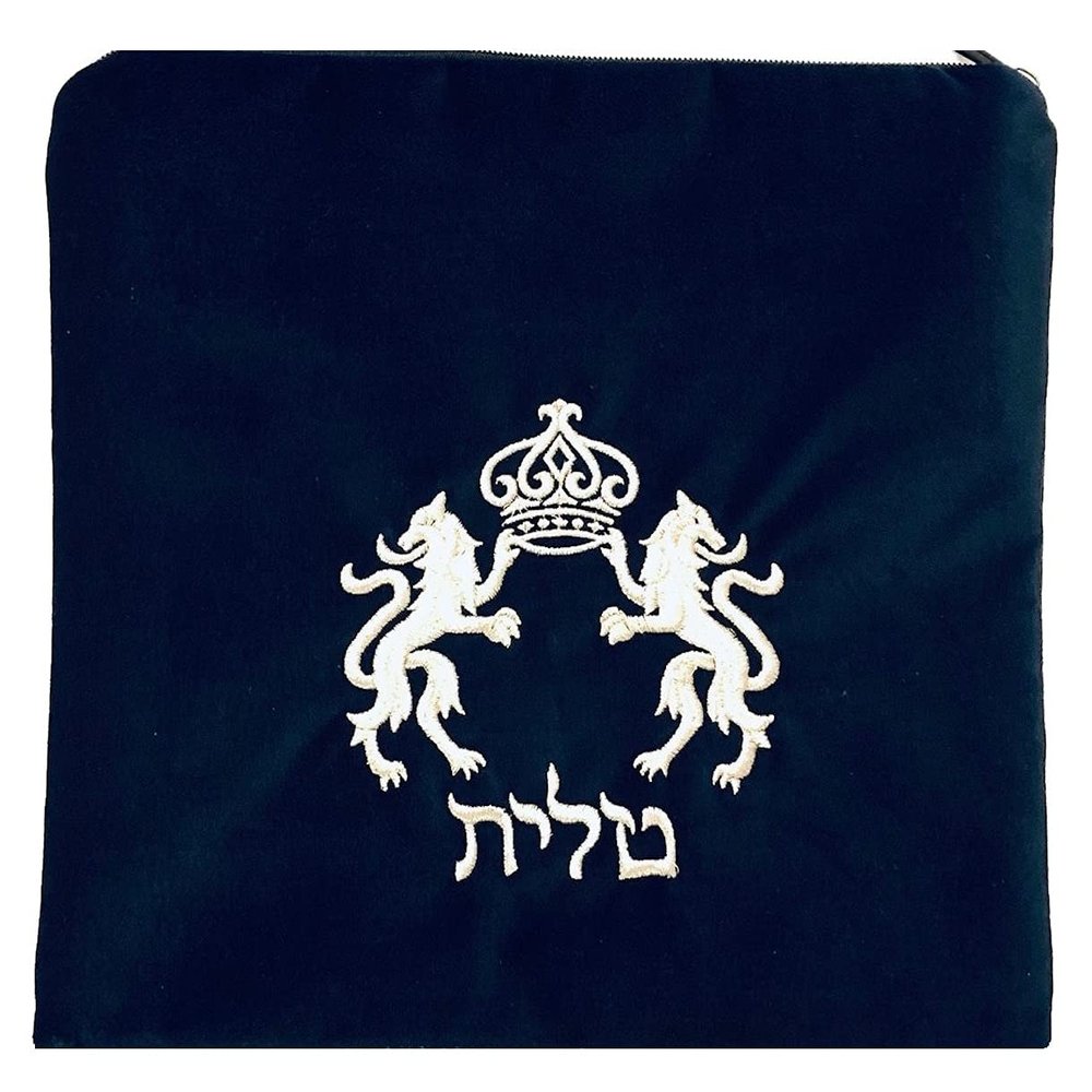 Lions and Crown in Silver Threading Navy Blue Velvet Tefillin Bag