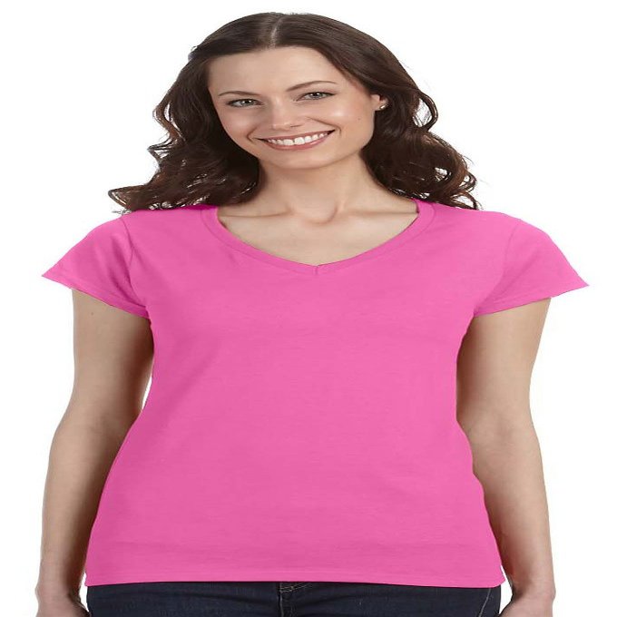 64V00L Gildan Junior Fit Softstyle V-Neck T-Shirt - Azalea - Small