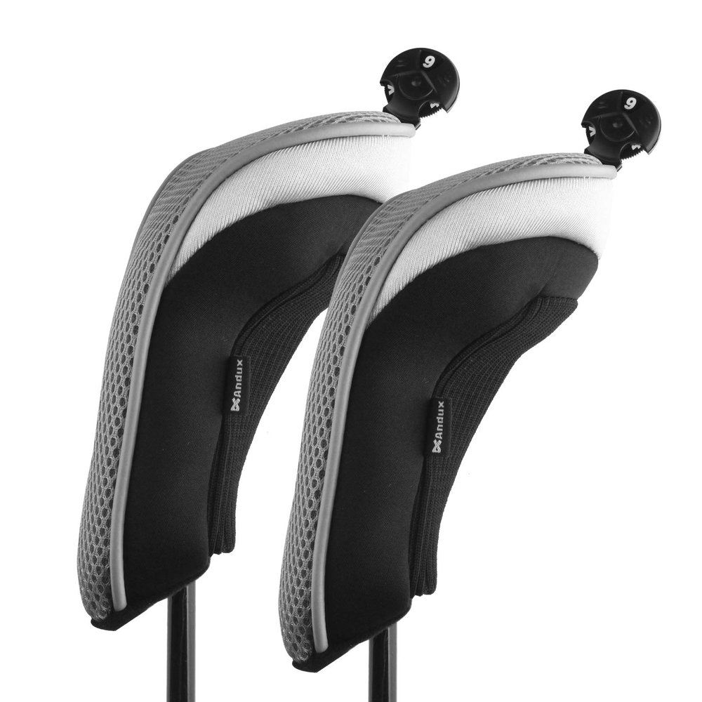 Andux Pack of 2 (All The Same Size) Mesh Golf Hybrid Club Head Covers with Dial No. Tags Black/Grey