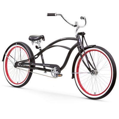 Firmstrong Urban Man Deluxe Single Speed Stretch Beach Cruiser Bicycle, 26-Inch, Matte Black/ Red Rim