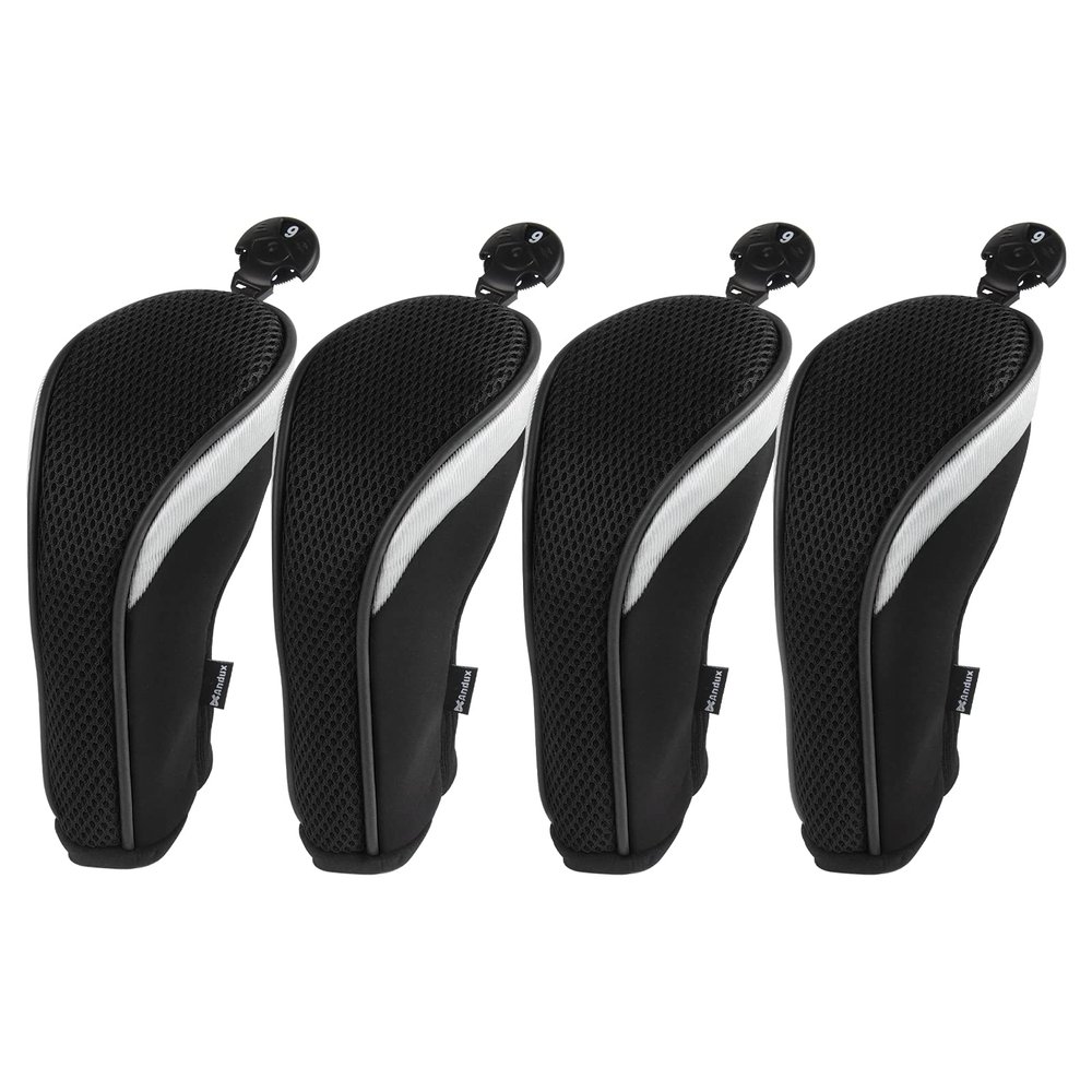 Andux Mesh Golf Hybrid Club Head Covers with Dial No. Tags 4pcs/Set (All The Same Size) Black/Black