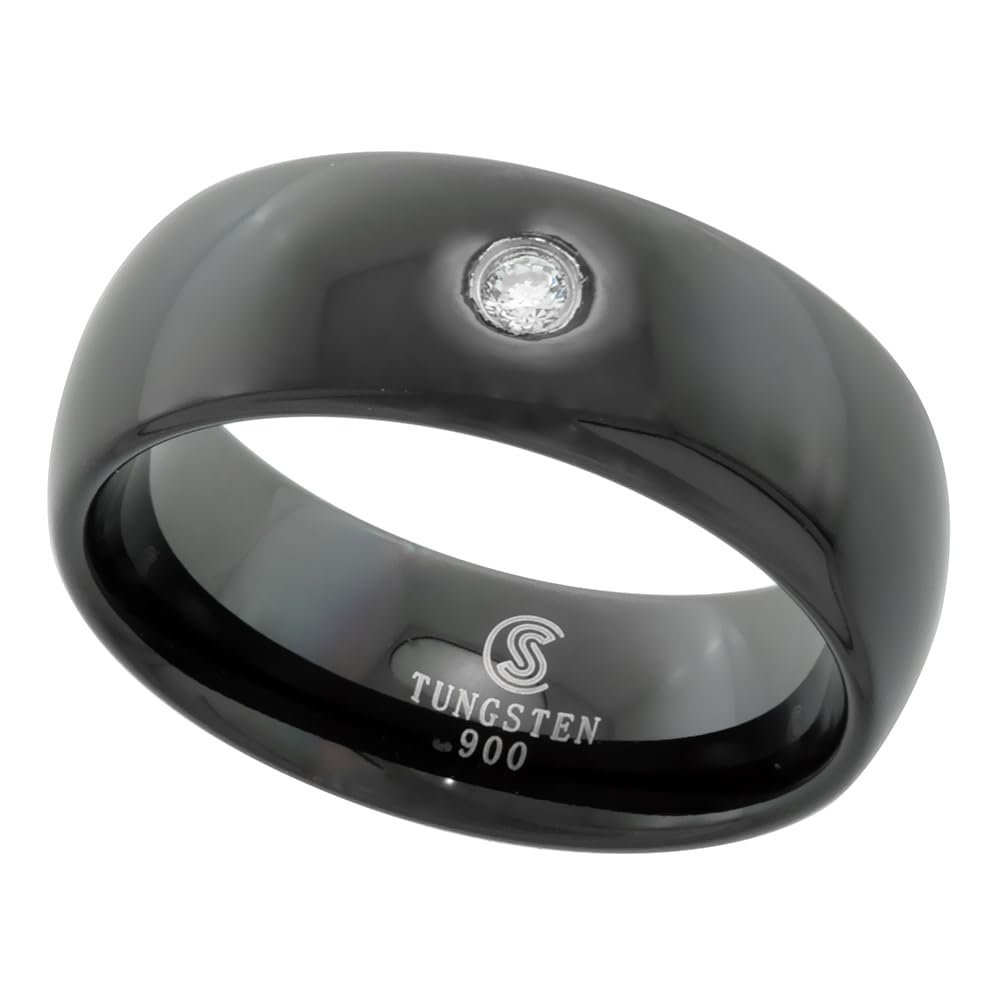 8mm Black Tungsten Carbide Wedding Ring Domed CZ Comfort fit size 11.5