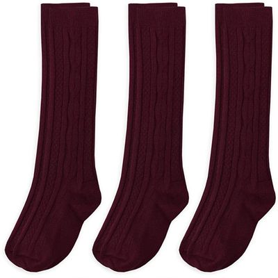 Jefferies Socks Girls 7-16 School Uniform Acrylic Cable Knee High 3 Pair Pack, Burgundy, Large
