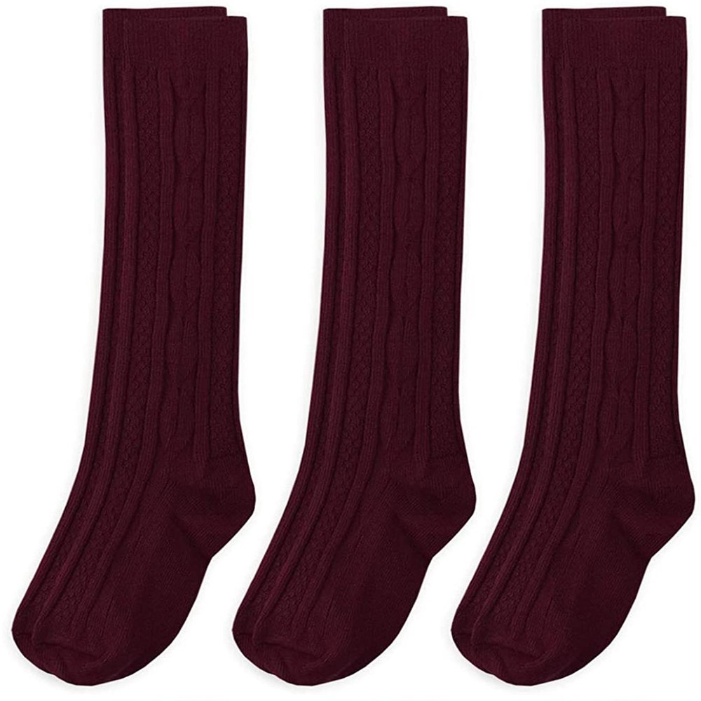 Jefferies Socks Girls 7-16 School Uniform Acrylic Cable Knee High 3 Pair Pack, Burgundy, Large