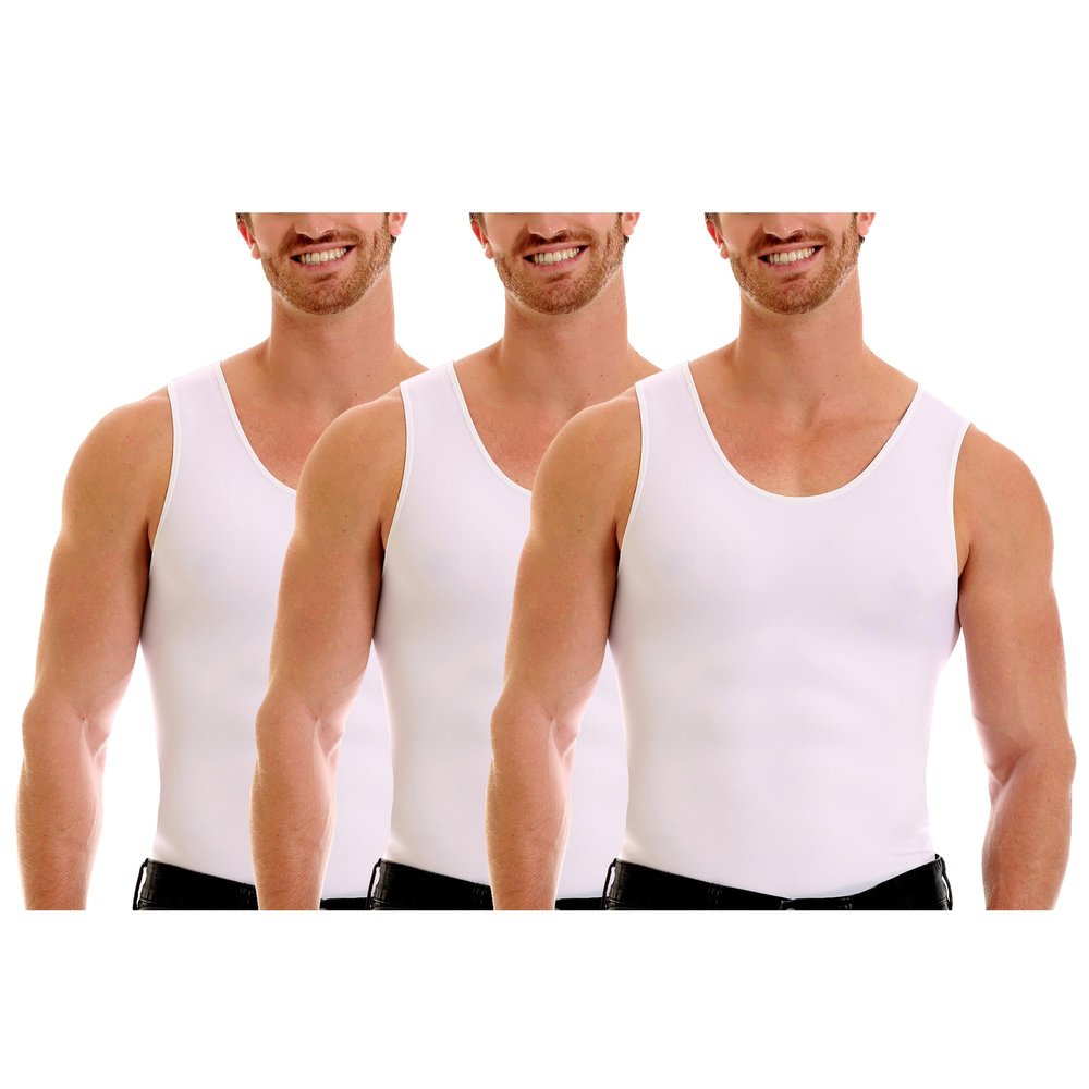 Insta Slim - Made in USA - 3 Pack - Compression Muscle Tank Top Body Shaper for Men. Tummy Control Slimming Shapewear Undershirt for Gynecomastia, Beer Belly & Back Support (White, 6X)