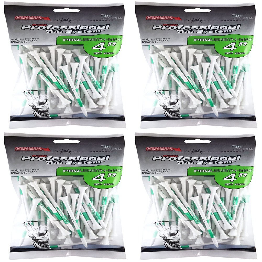 PRIDE PROFESSIONAL TEE SYSTEM PROLENGTH MAX 4" WHITE GOLF TEES - 4 BAGS