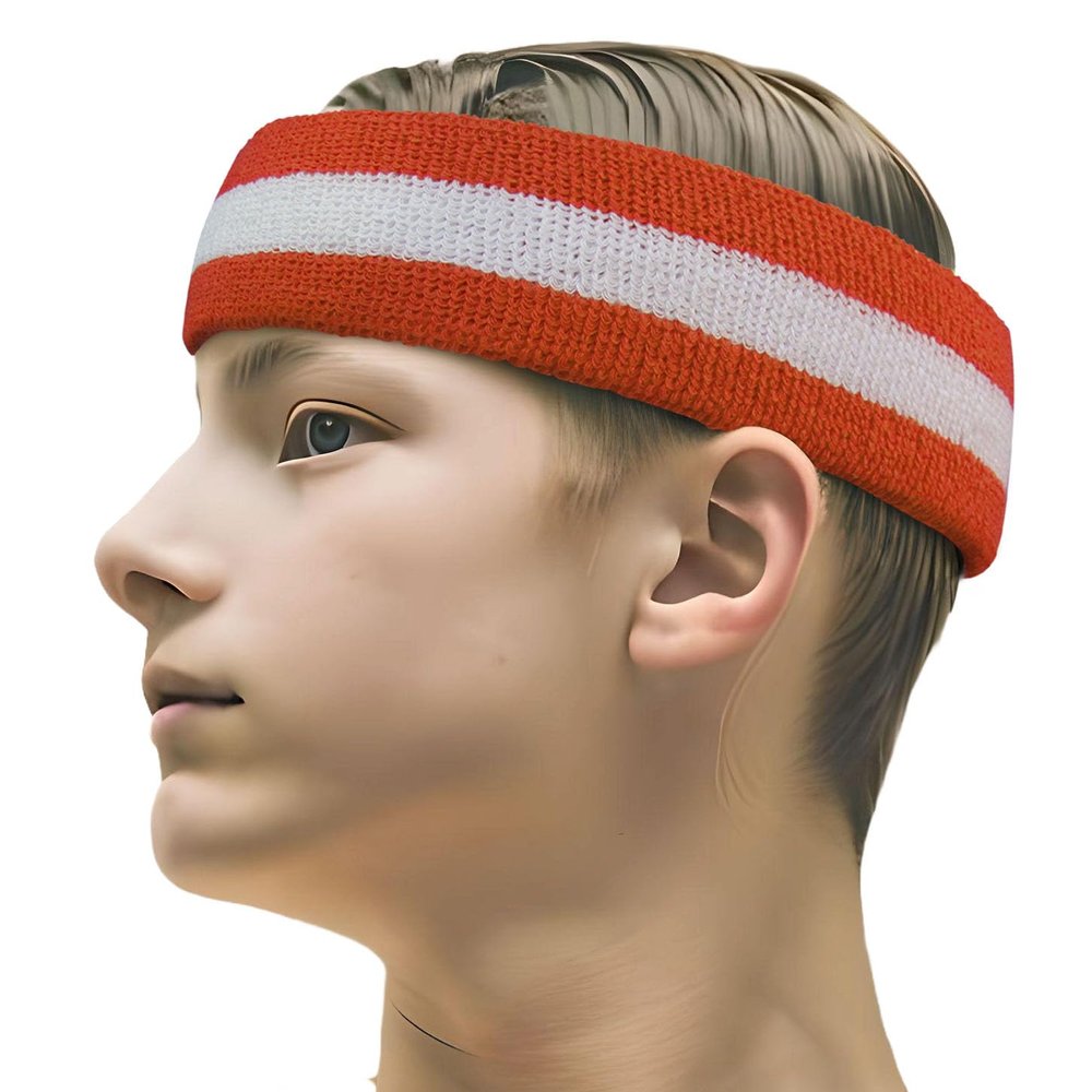 COUVER 2 Color Stripe Terry Sports Headband, 1 Piece, White/Dark Orange