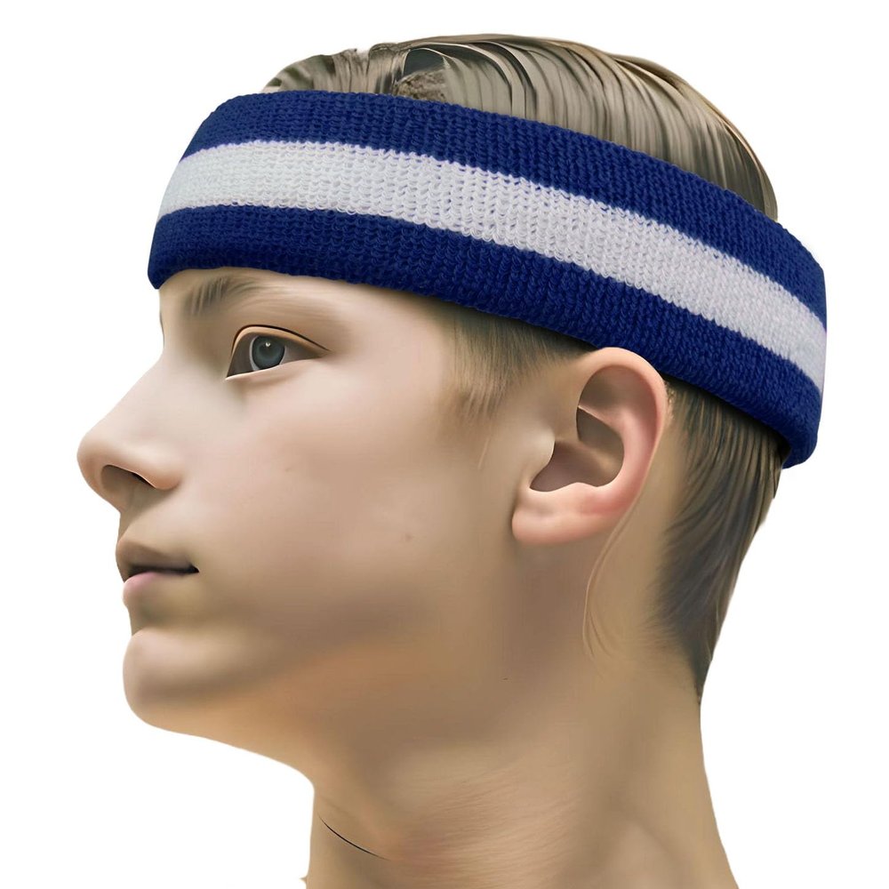 COUVER 2 Color Stripe Terry Sports Headband, 1 Piece, White/Blue