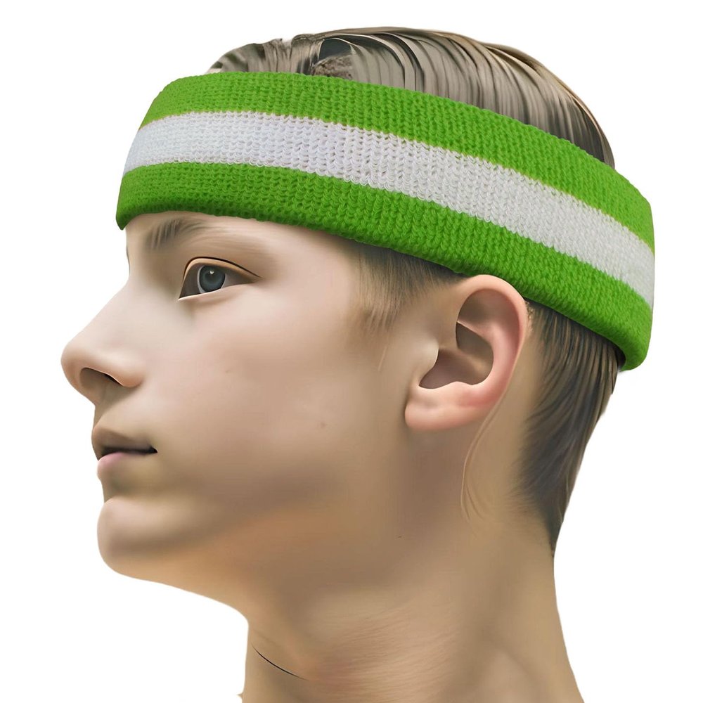 COUVER 2 Color Stripe Terry Sports Headband, 1 Piece, White/Lime Green