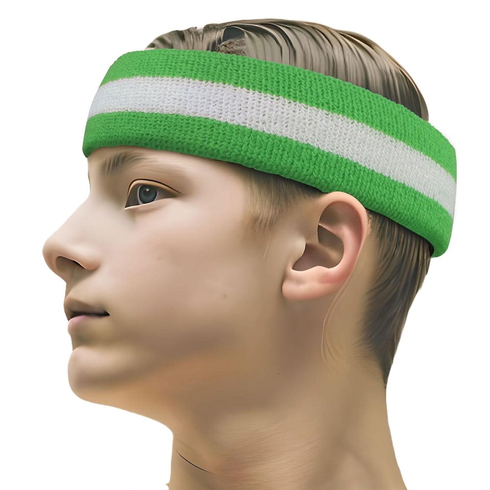 COUVER 2 Color Stripe Terry Sports Headband, 1 Piece, White/Bright Lime Green