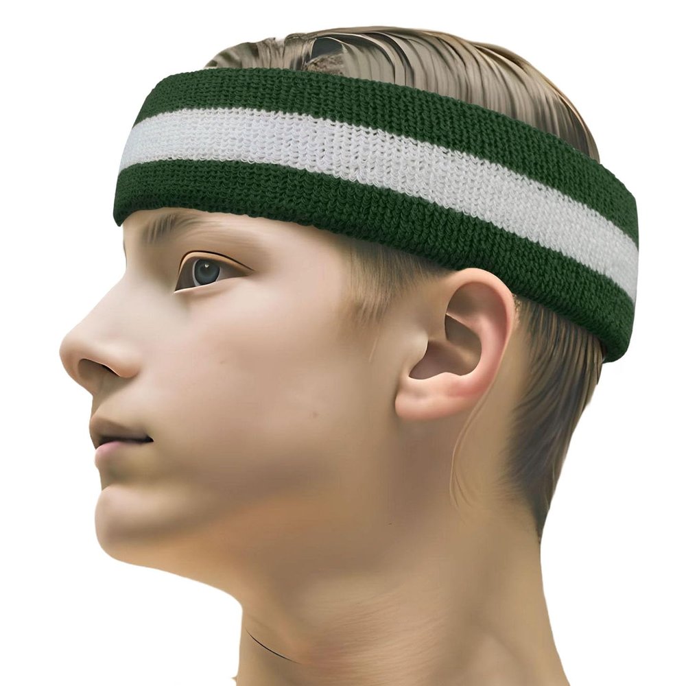 COUVER 2 Color Stripe Terry Sports Headband, 1 Piece, White/Dark Green