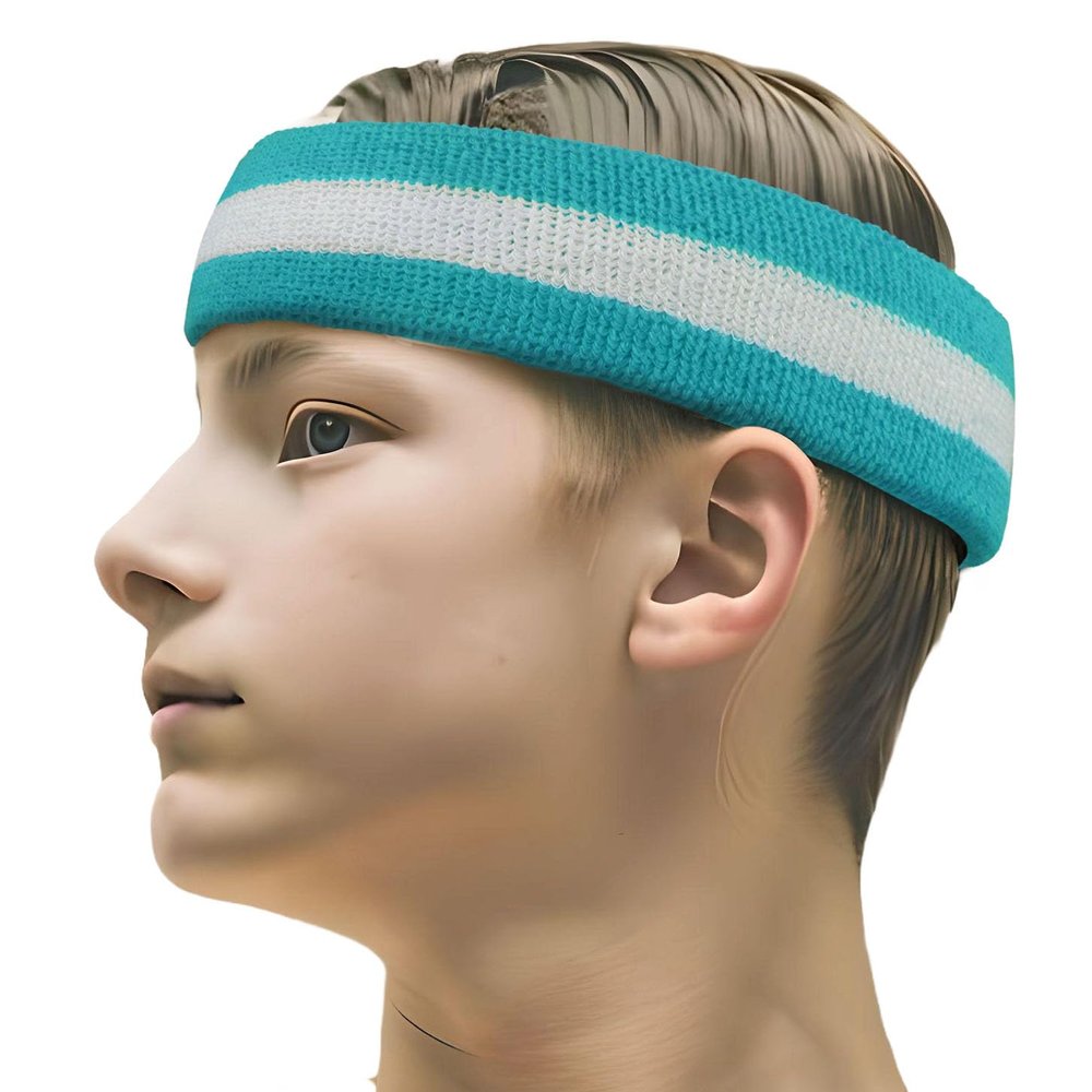 COUVER 2 Color Stripe Terry Sports Headband, 1 Piece, White/Sky Blue