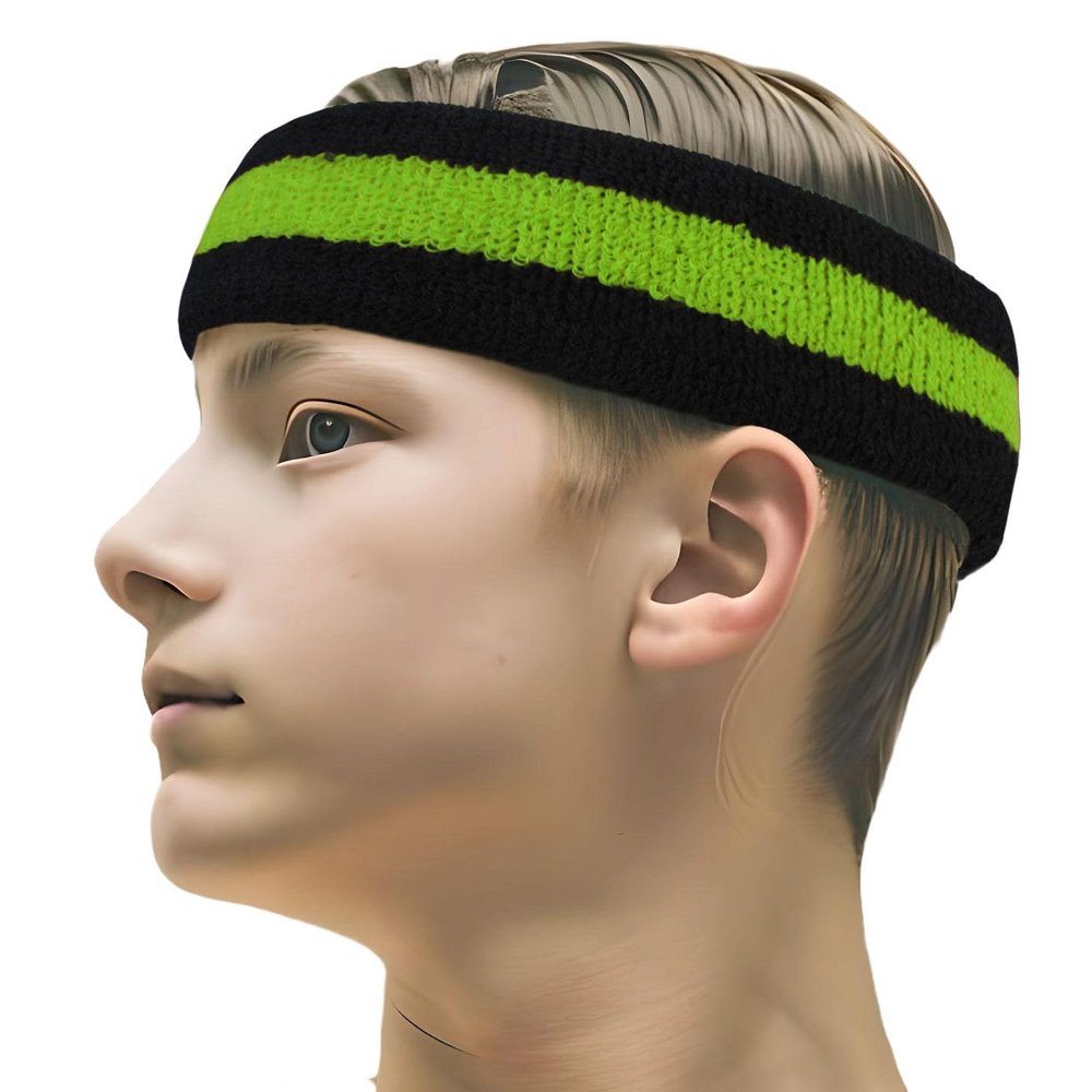 COUVER 2 Color Stripe Terry Sports Headband, 1 Piece, Bright Lime Green/Black