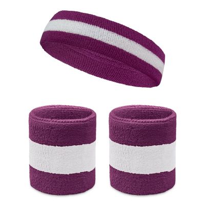 COUVER Sweatband Set Sports Headband Wristband Set Terry Cloth Moisture Wicking Sweat Absorbing Wrist Sweatbands Head Sweatband, White/Purple