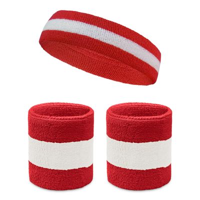 COUVER Sweatband Set Sports Headband Wristband Set Terry Cloth Moisture Wicking Sweat Absorbing Wrist Sweatbands Head Sweatband, White/Red