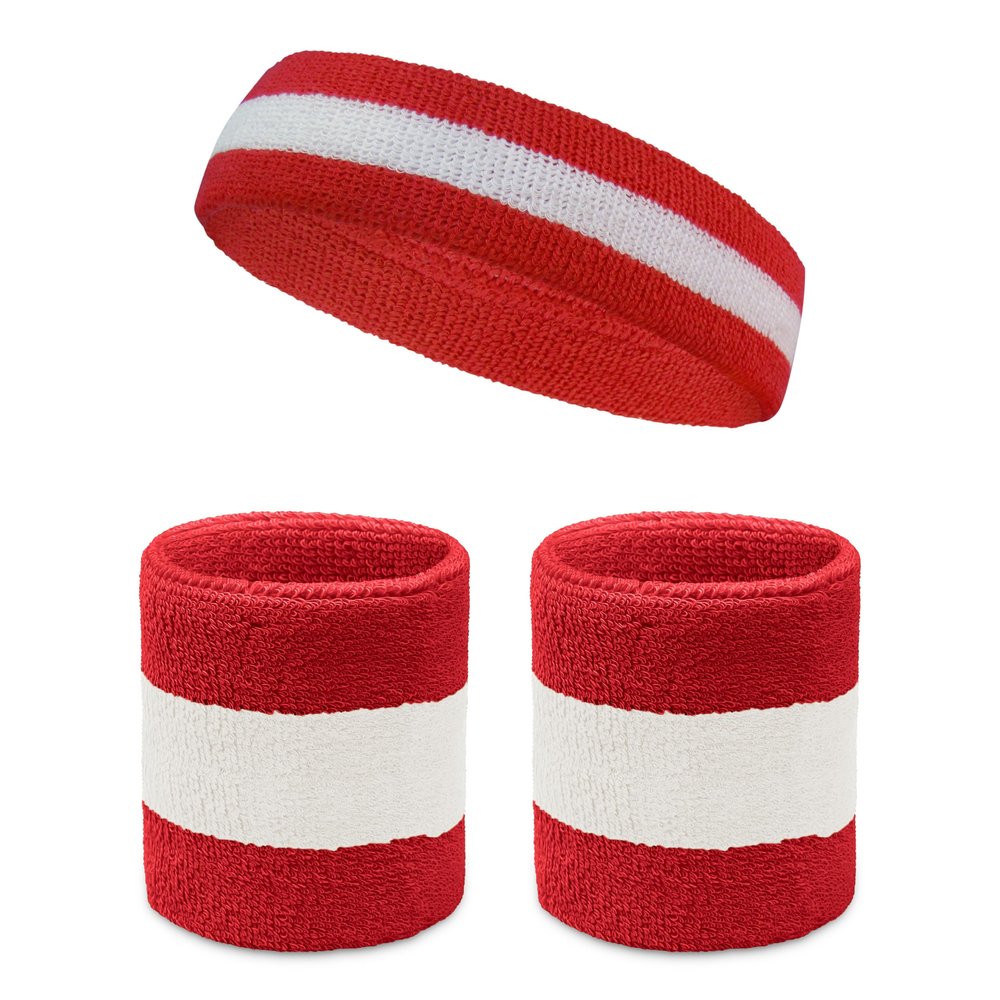 COUVER Sweatband Set Sports Headband Wristband Set Terry Cloth Moisture Wicking Sweat Absorbing Wrist Sweatbands Head Sweatband, White/Red