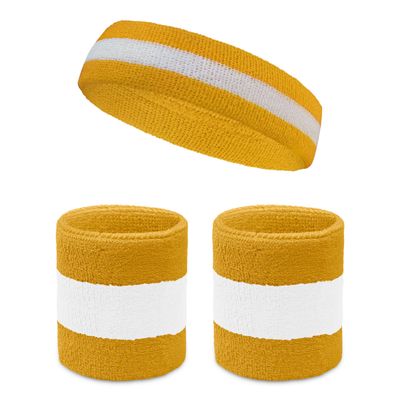 COUVER Sweatband Set Sports Headband Wristband Set Terry Cloth Moisture Wicking Sweat Absorbing Wrist Sweatbands Head Sweatband, White/Golden Yellow