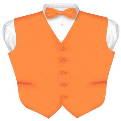 Vesuvio Napoli Men's Dress Vest & BowTie Solid ORANGE Color Bow Tie Set XL