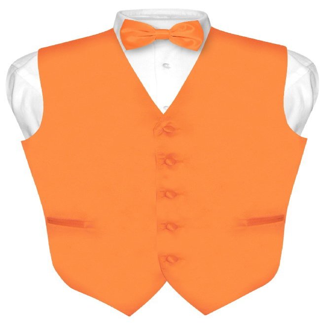 Vesuvio Napoli Men's Dress Vest & BowTie Solid ORANGE Color Bow Tie Set XL
