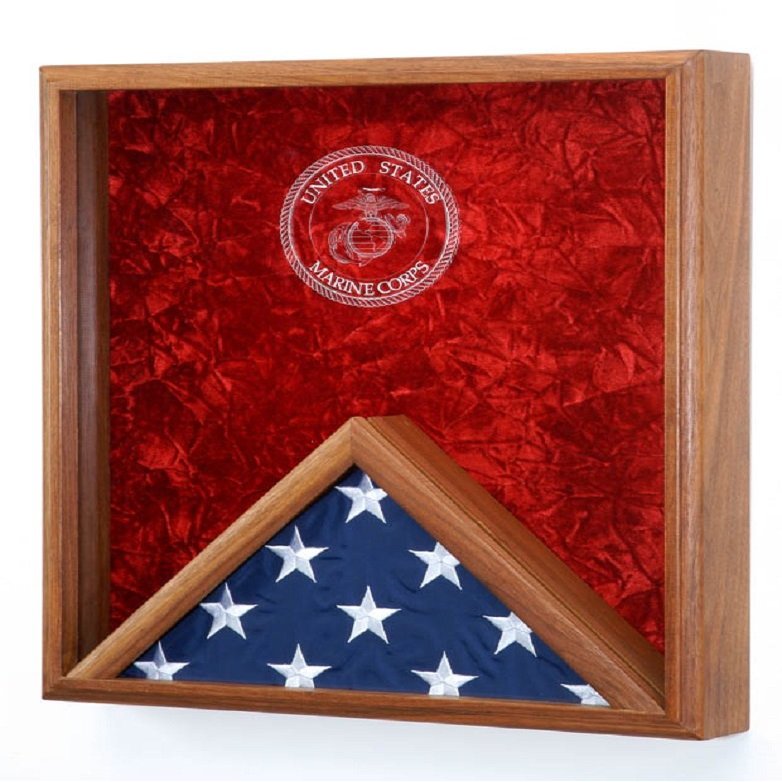 Military Flag and Medal Display Case, for 3x5 Flag- Shadow Box Wall mountable - w/Laser Engraved Emblem (USMC EGA Engraved Emblem)