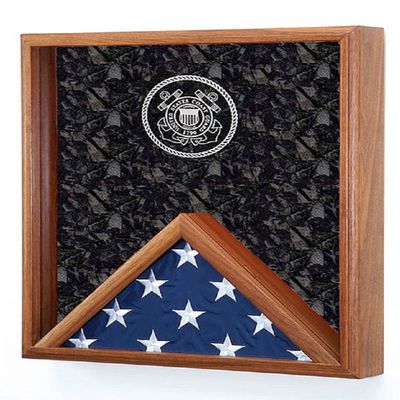 Military 3x5 Flag / Medal / Award Display Case - Shadow Box Wall Display - w/Laser Engraved Military Emblem (USCG Engraved Emblem)