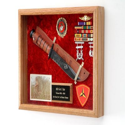 Military KA-Bar Knife or Pistol Wall Display Case - Shadow Box - 16" x 12" x 3" All Branch of Service Available (USAF Emblem / Blue Velvet)