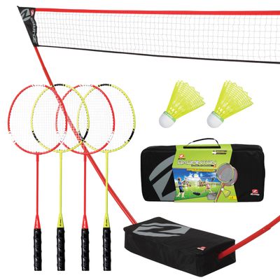 Zume Games Portable Badminton Set with Net, 4 Rackets, Shuttlecocks & Carrying Case  Outdoor Lawn Game for Backyard, Beach, or Park  Easy Setup, No Tools Required