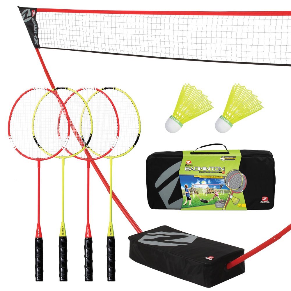 Zume Games Portable Badminton Set with Net, 4 Rackets, Shuttlecocks & Carrying Case  Outdoor Lawn Game for Backyard, Beach, or Park  Easy Setup, No Tools Required