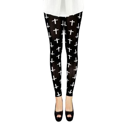 LOCOMO Women Black White Cross Print Pattern Legging FFT117