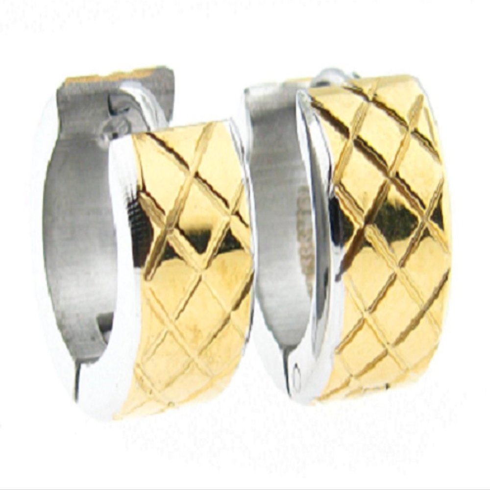 316L Stainless Steel Yellow Gold Tone IP Grooved Tread Hinged Huggie Earrings