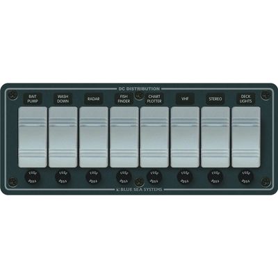 BLUE SEA SYSTEMS BS8261 Waterproof Switch Panel, MFG# 8261, Consists of eight illuminated Contura switches with frontmounted fuse holders for AGC glass fuses (not included). 12 or 24 Volt DC.