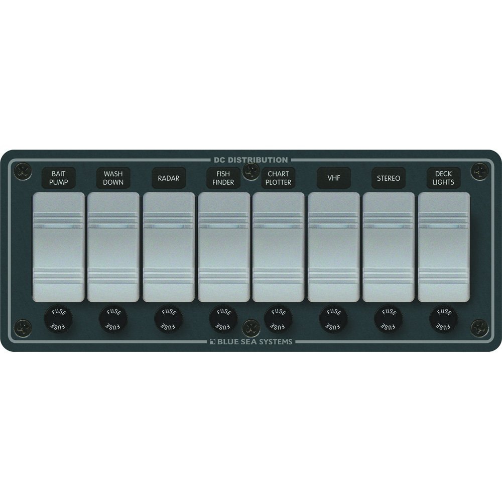 BLUE SEA SYSTEMS BS8261 Waterproof Switch Panel, MFG# 8261, Consists of eight illuminated Contura switches with frontmounted fuse holders for AGC glass fuses (not included). 12 or 24 Volt DC.