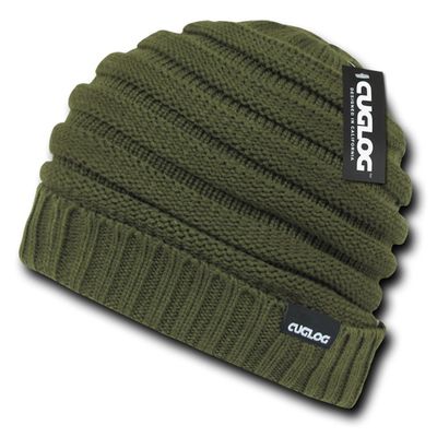 Long Cuffed Beanie with Stripe Knit Pattern by Cuglog (Olive)