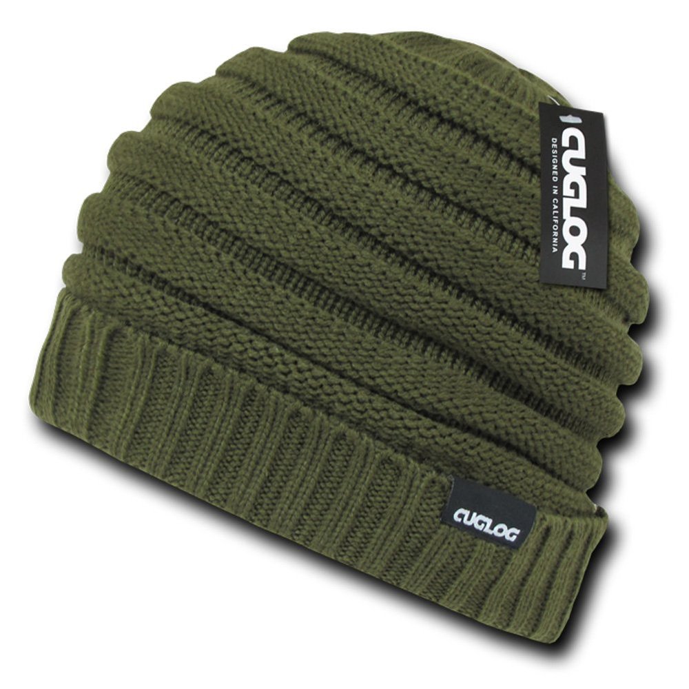 Long Cuffed Beanie with Stripe Knit Pattern by Cuglog (Olive)