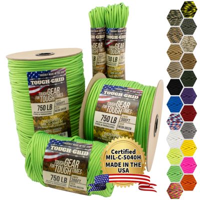 TOUGH-GRID 750 Paracord Rope Nylon Parachute Cord, Made in USA Survival Kit, Outdoor Adventures, Camping, Tactical Gear & Emergency Supplies, Military Type IV Mil-Spec