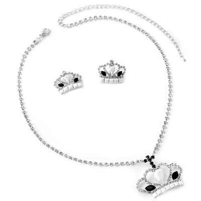 Topwholesalejewel Silver Crystal Royal Crown Shape with Jet Eyed Shaped Stones and Opaque Dangling from a Cross Necklace and Earrings Jewelry Set