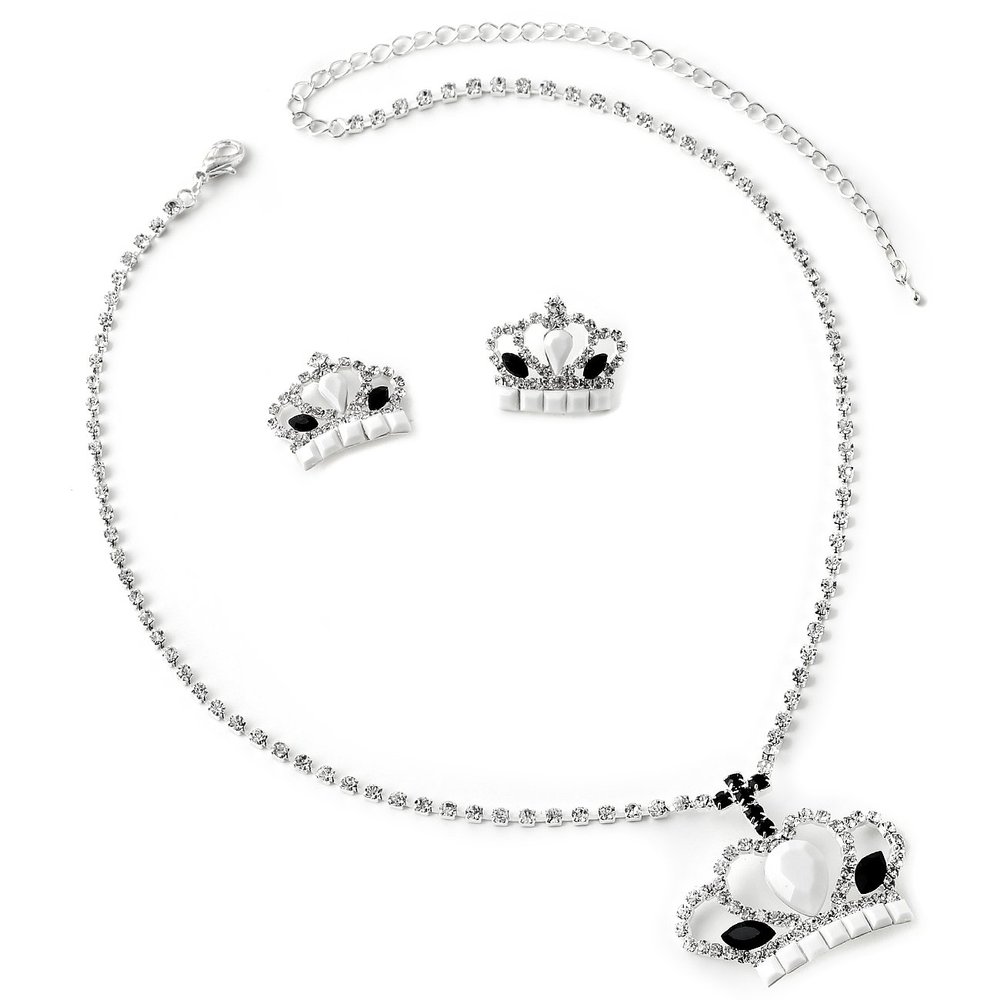 Topwholesalejewel Silver Crystal Royal Crown Shape with Jet Eyed Shaped Stones and Opaque Dangling from a Cross Necklace and Earrings Jewelry Set