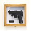 Single Pistol Display Case Wall Mount Solid Hardwood Cabinet (Oak Finish, White Felt Background) view 1