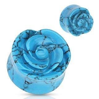 Body Accentz Plugs Semi Precious Stone Rose Carved on Single Side Double Flared Plug