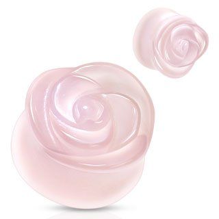 Body Accentz Plugs Semi Precious Stone Rose Carved on Single Side Double Flared Plug