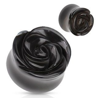 Body Accentz Plugs Semi Precious Stone Rose Carved on Single Side Double Flared Plug