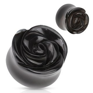 Body Accentz Plugs Semi Precious Stone Rose Carved on Single Side Double Flared Plug