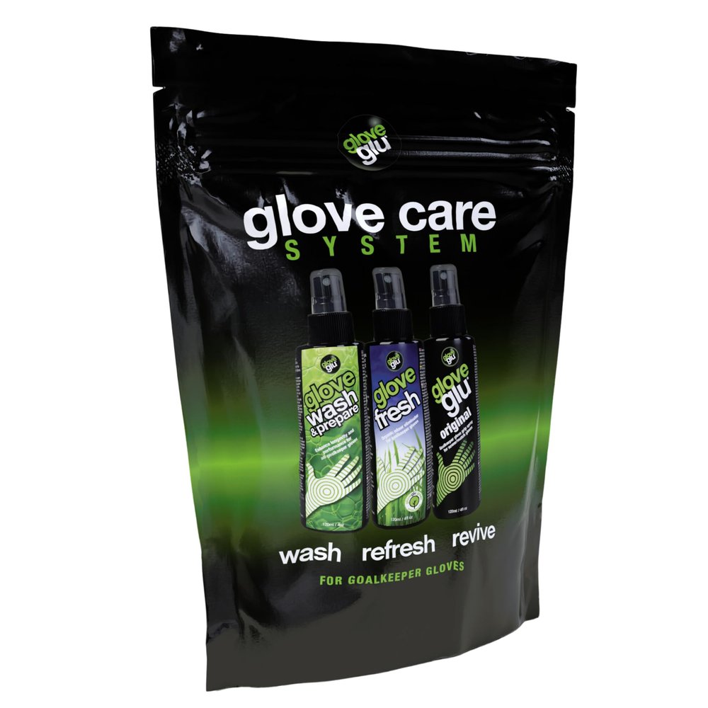 gloveglu Goalkeeping Glove Care System Pack x 3 Including Wash Prepare Premium Goalkeeper Formula 120ml Goalkeeping Glove Fresh Spray 120ml Original Goalkeeper Formula Spray