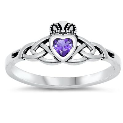 Sterling Silver Women's Simulated Amethyst Claddagh Ring Beautiful Band 8mm Size 8