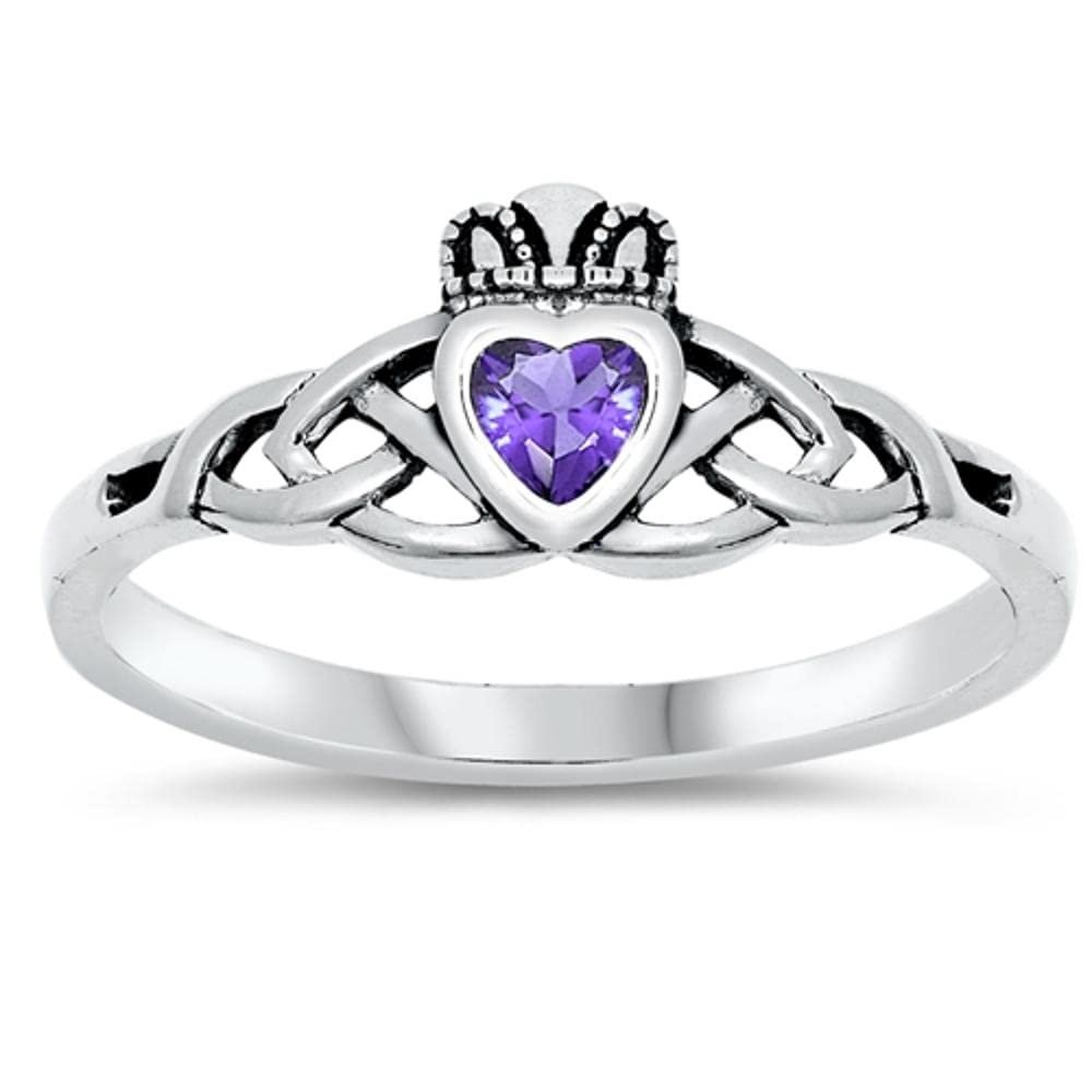 Sterling Silver Women's Simulated Amethyst Claddagh Ring Beautiful Band 8mm Size 8