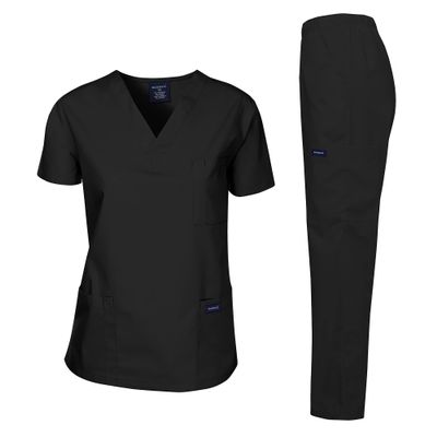 Dagacci Medical Uniform Womens and Mens Scrub Set Unisex Medical Scrub Shirt Top and Pant, Black, X-Small