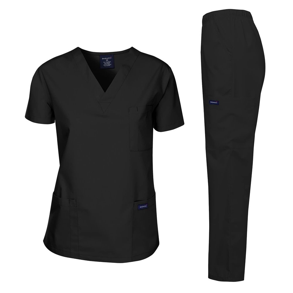 Dagacci Medical Uniform Womens and Mens Scrub Set Unisex Medical Scrub Shirt Top and Pant, Black, X-Small